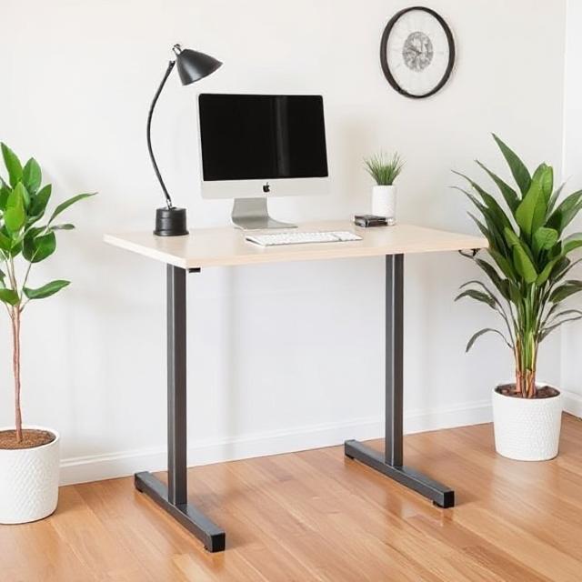 Image of a modern standing desk with adjustable height, featuring a sleek tabletop, ergonomic design, and dual monitor setup in a bright home office.