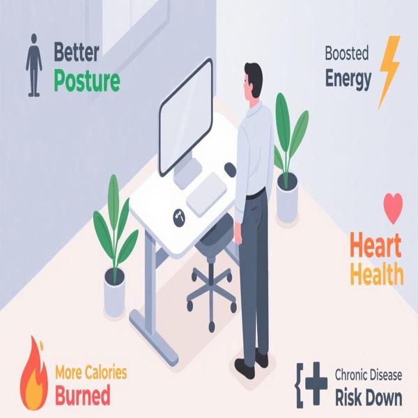 Illustration showing benefits of using a standing desk better posture, heart health, calorie burn, and energy boost