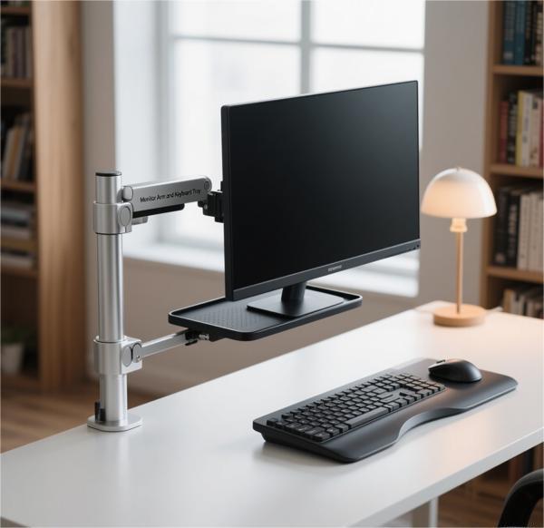 Adjustable monitor arm with keyboard tray setup on a minimalist standing desk