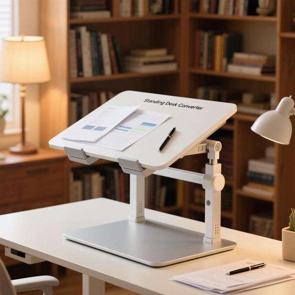Standing desk converter on a modern office desk with documents and pen
